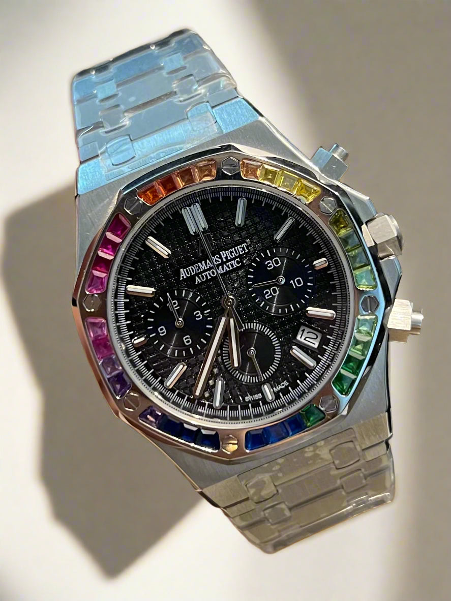 AP Silver Chronograph Rainbow Stone Black Dial