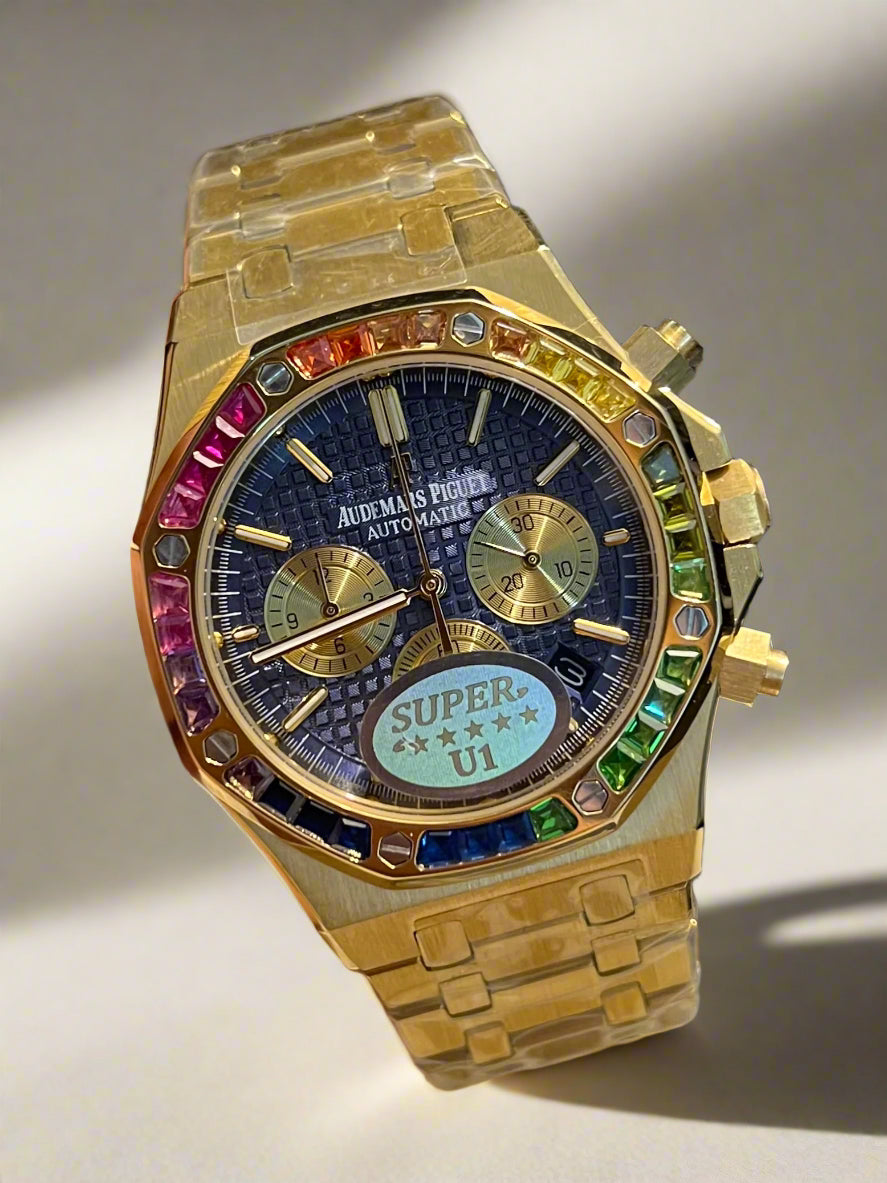 AP Golden Chronograph Rainbow Stone Blue Dial