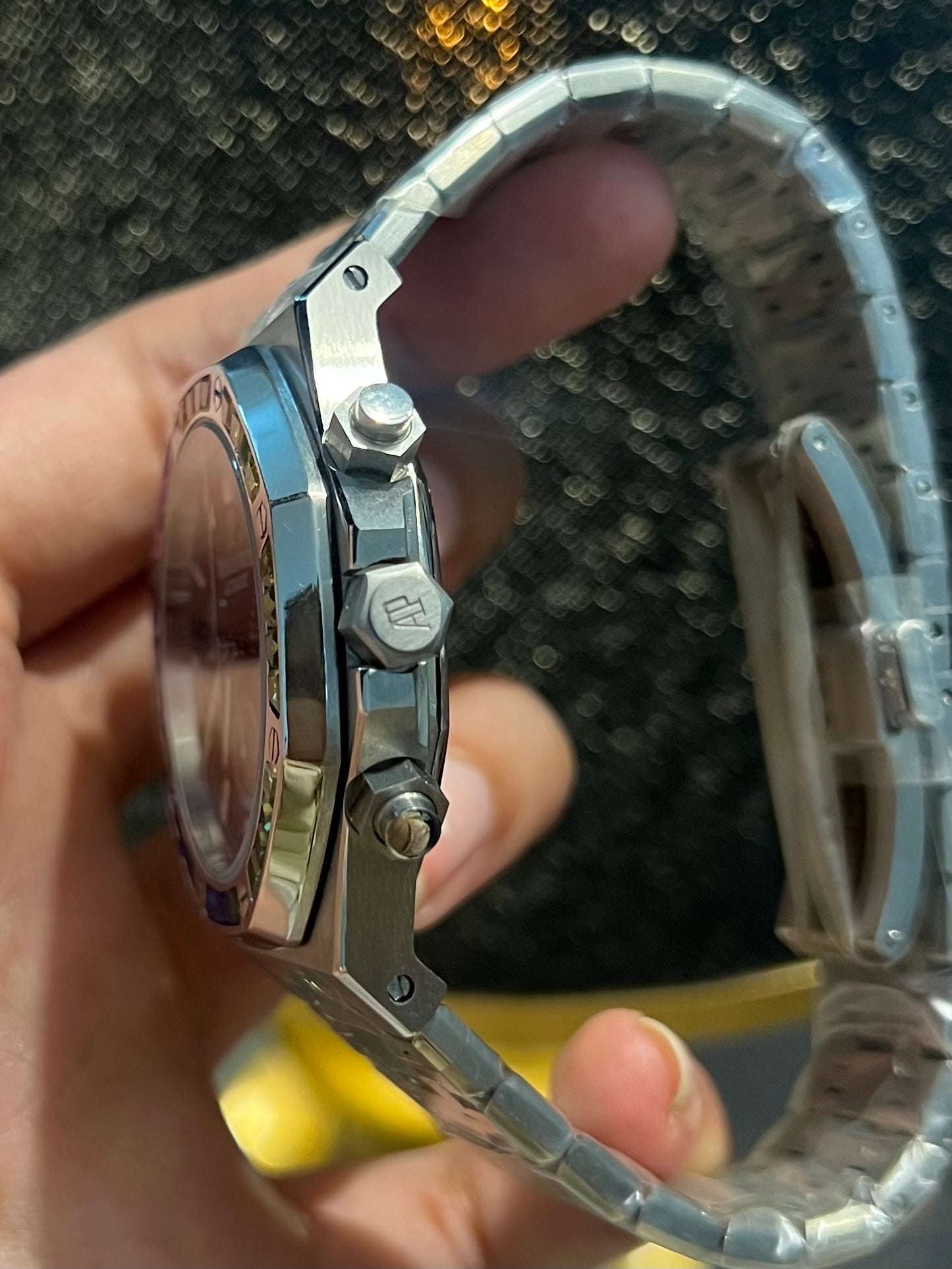 AP Silver Chronograph Rainbow Stone Black Dial
