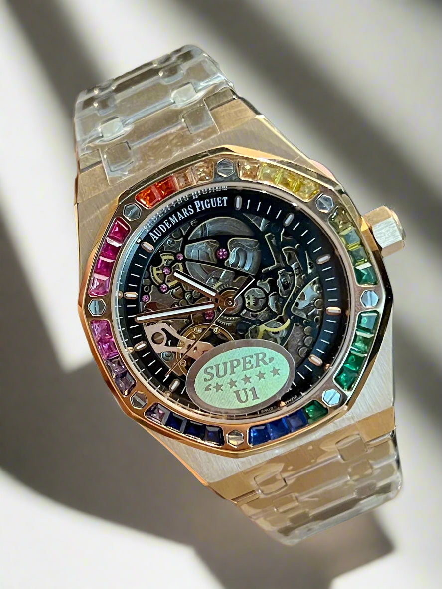 AP Rose Gold Automatic Skeleton Rainbow Stones