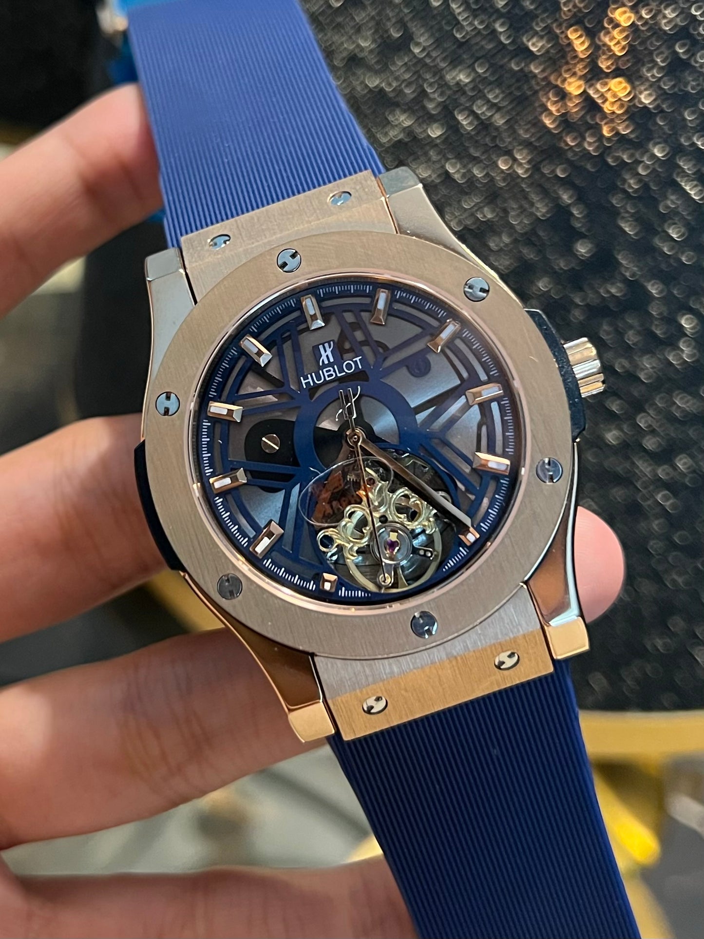 Blue With Rose Gold PendulumAutomatic Silicone Strap