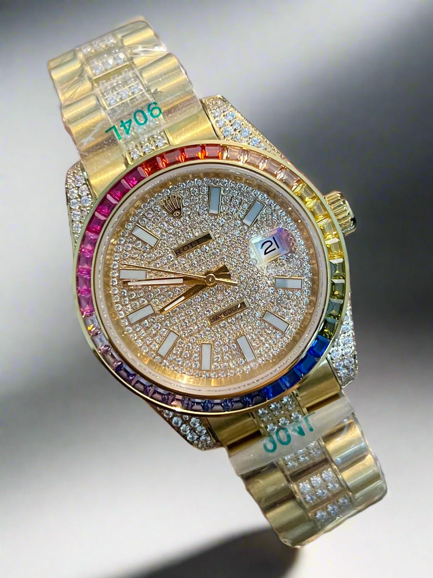Luxury Automatic Rainbow Datejust Stone Golden Dial (High End Grade)