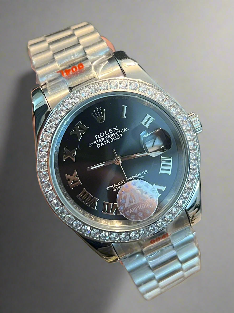 Silver Datejust Stone Black Dial Automatic (Italian Grade)