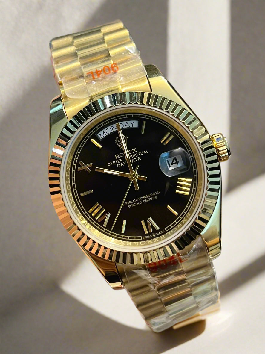 Golden Automatic Day & Date Black Roman Dial (Italian Grade)