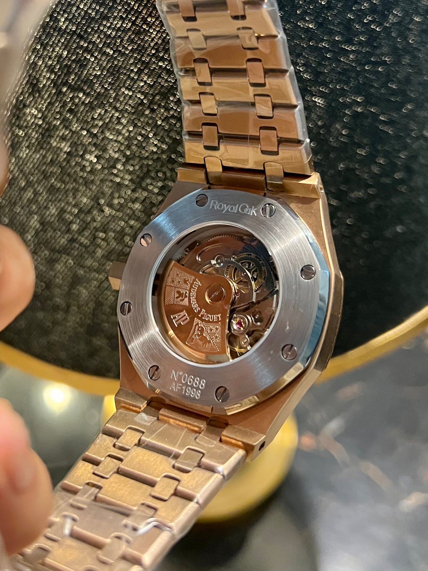 AP Rose Gold Automatic Skeleton Rainbow Stones