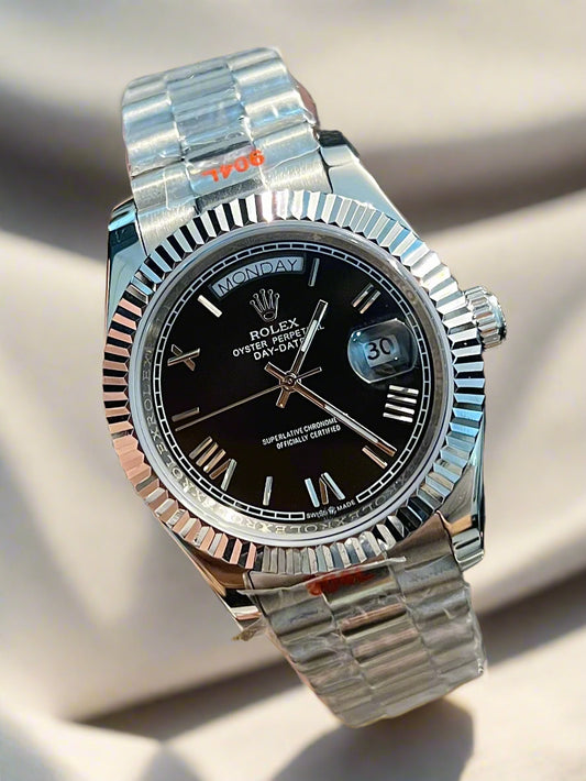 Silver Automatic Day & Date Black Roman Dial  (Italian Grade)