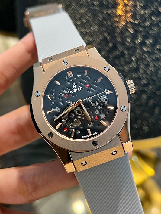 Grey With Rose Gold Skeleton Automatic Silicone Strap