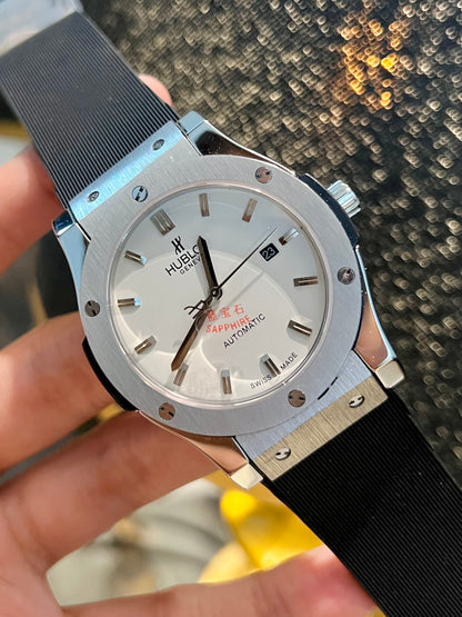 Black Automatic Silicone Strap White Dial