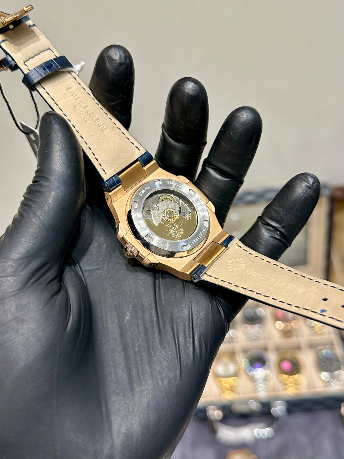Blue Automatic Rose Gold Leather Strap