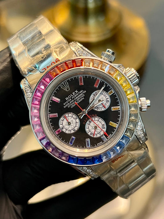 Silver Daytona Stone Bazel Automatic Black Dial