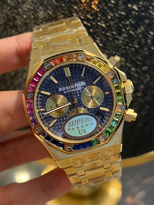 AP Golden Chronograph Rainbow Stone Blue Dial