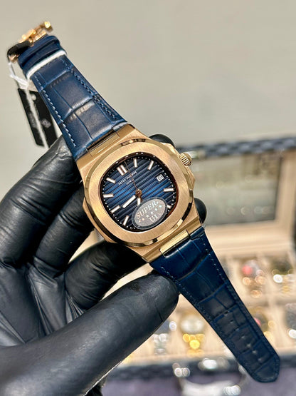 Blue Automatic Rose Gold Leather Strap