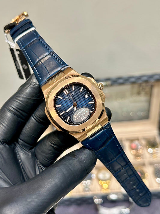 Blue Automatic Rose Gold Leather Strap